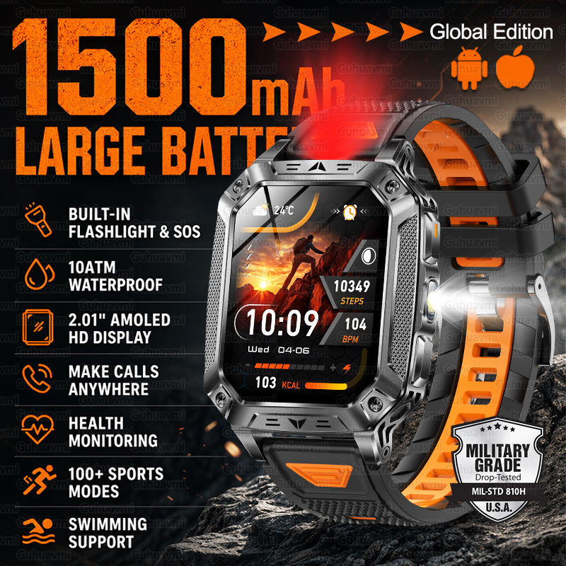 Outdoor Lighting For Steps - Neue 1500mAh Militär-Outdoor-Smartwatch für Herren, LED-Taschenlampe,