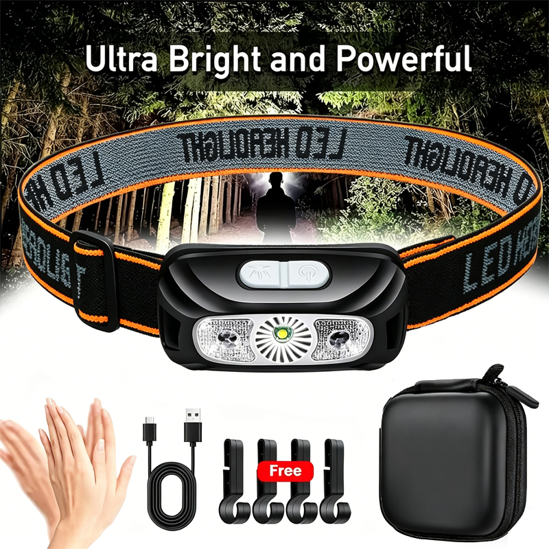 Outdoor Lighting Junction Box - Starke Stirnlampe, tragbare LED-Sensor-Stirnlampe, wiederaufladbare USB-Kopftaschenlampe,