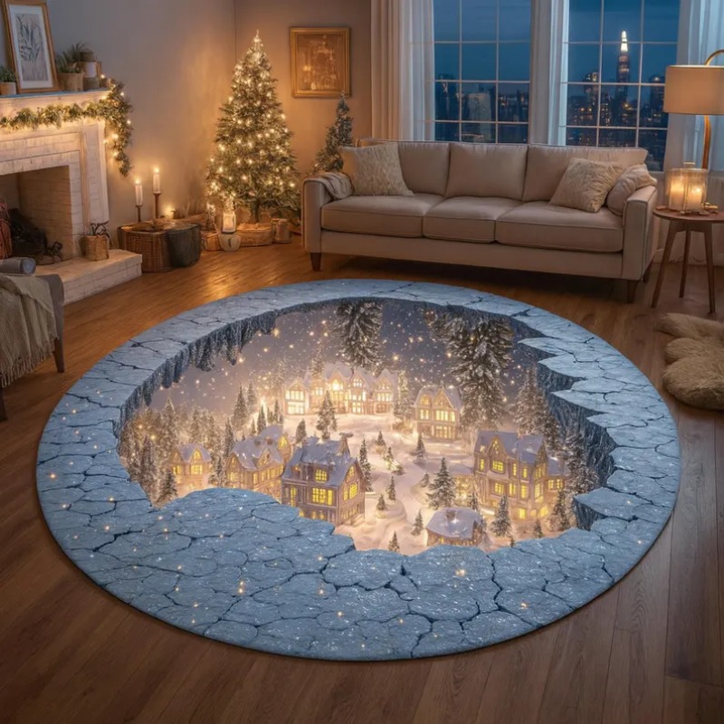 Outdoor Xmas Lighting Ideas - 3D-Weihnachtsdorf-Teppich, Winter-Schnee-Stadt-Teppich, gemütliche Feiertags-Fußmatten, leuchtendes Licht,